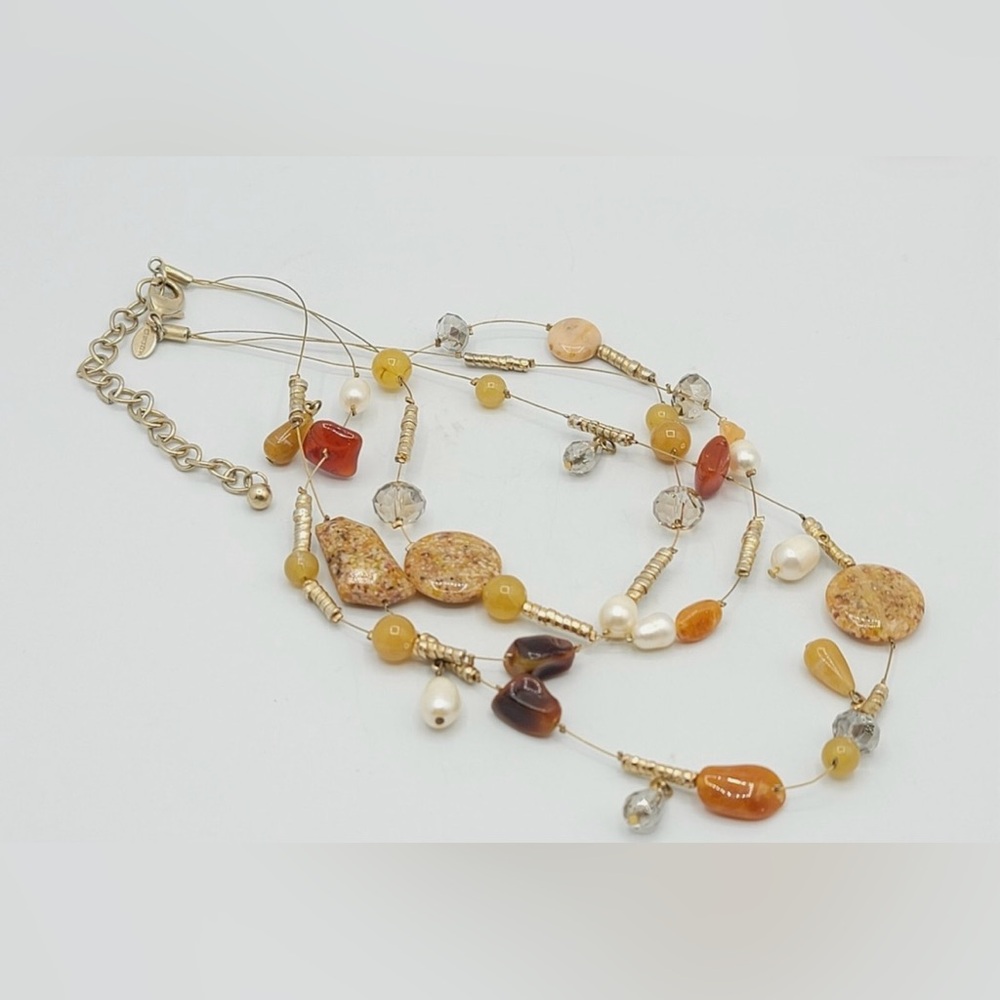 Chico’s Multi-Color faux stone and glass three tier floating Beaded Necklace EUC